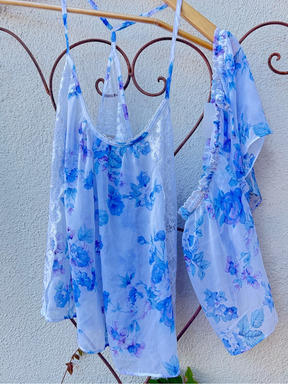Light Blue Floral Lace-Trim Cami Top